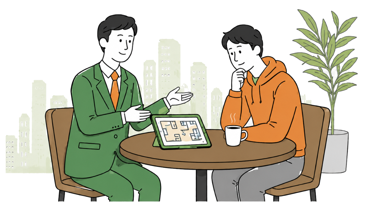 営業担当者がタブレットで間取りを見せながら顧客に提案している様子のイラスト