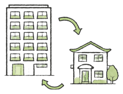 マンションと住宅を矢印が結ぶイラスト