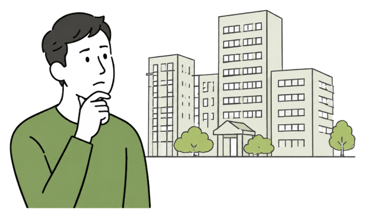 ビル街を背景に考え込むビジネスマンのイラスト